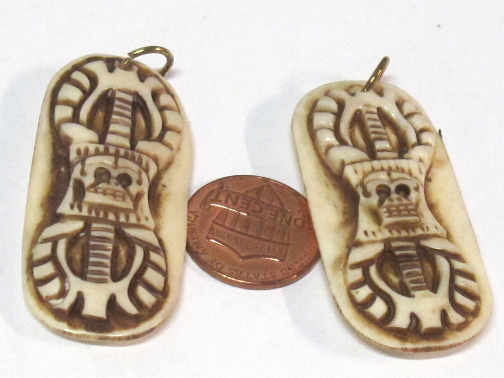 1 Pendant - Tibetan dorje with skull design carved bar shape recycled cattle bone pendant from Nepal - PB115