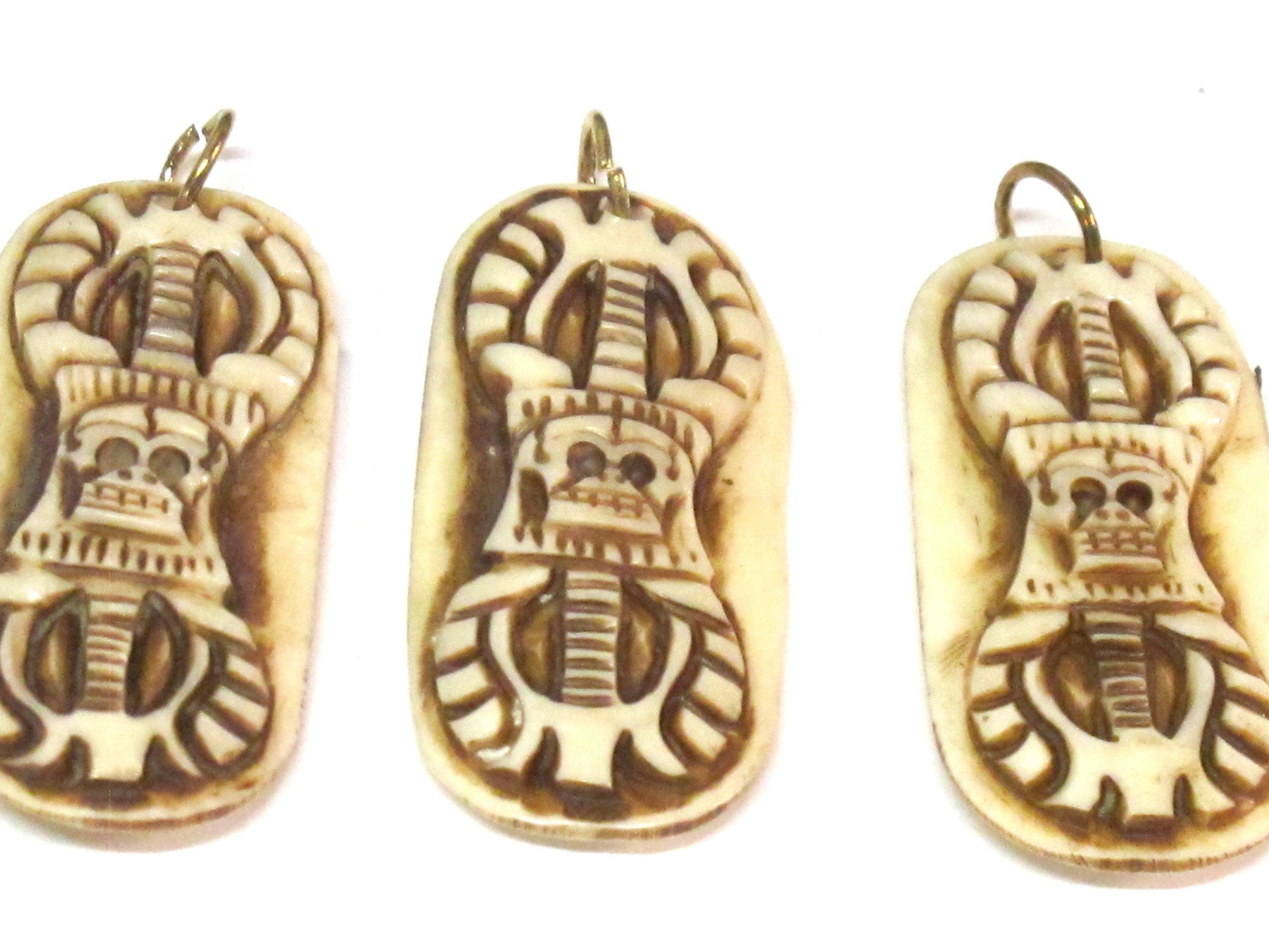 1 Pendant - Tibetan dorje with skull design carved bar shape recycled cattle bone pendant from Nepal - PB115
