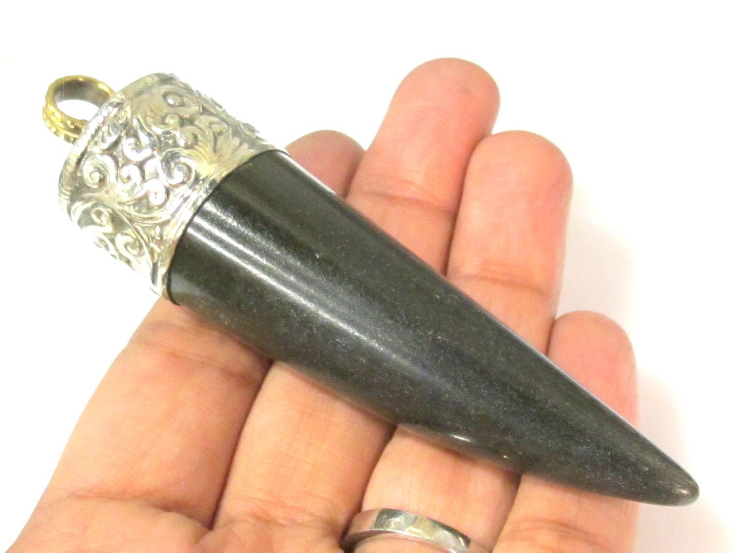 1 Pendant - Long tibetan silver capped tribal design buffalo horn pendant - PM532