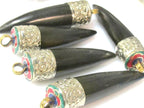 1 Pendant - Long tibetan silver capped tribal design buffalo horn pendant - PM532