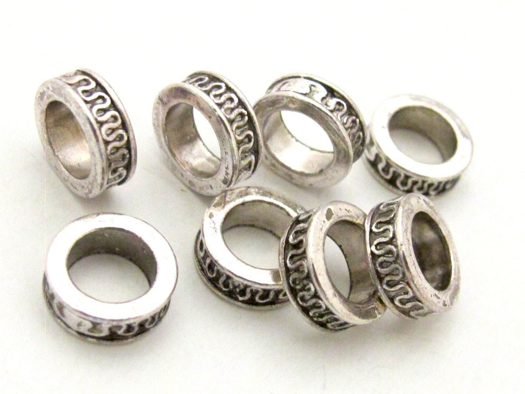 8 Beads - Antiqued silver tone metal alloy donut beads wavy design 11 mm wide x 4 mm - BD785