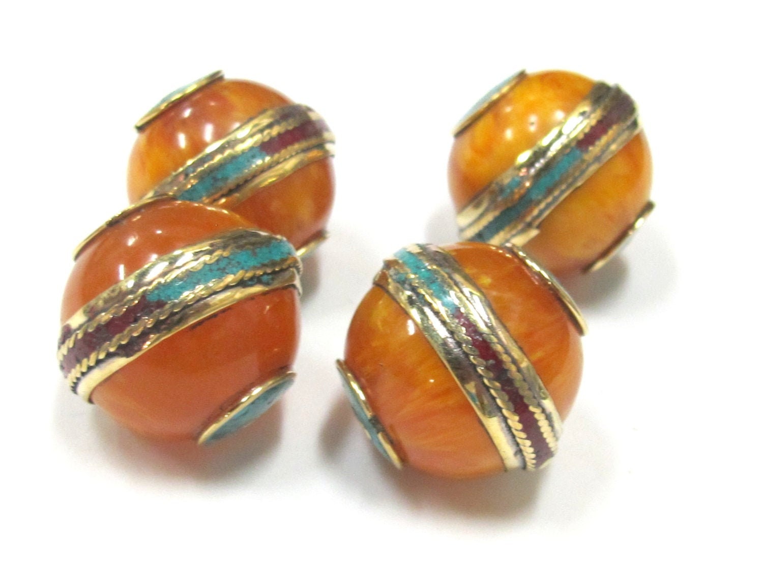 1 Bead - Large Tibetan copal Resin bead with brass band and turquoise and coral inlay - BD764