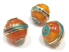 1 Bead - Large Tibetan copal Resin bead with brass band and turquoise and coral inlay - BD764