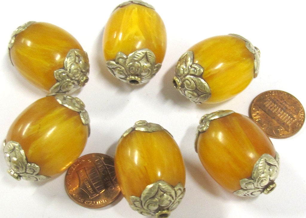 1 BEAD - Large Thick copal resin tibetan silver capped bead - BD819