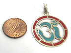 1 pendant - Sanskrit Om Round shape Nepal pendant with turquoise coral inlay - yoga charms PM540D