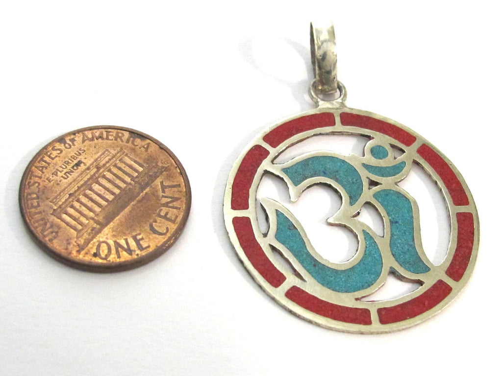 1 pendant - Sanskrit Om Round shape Nepal pendant with turquoise coral inlay - yoga charms PM540D