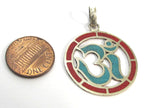 1 pendant - Sanskrit Om Round shape Nepal pendant with turquoise coral inlay - yoga charms PM540D