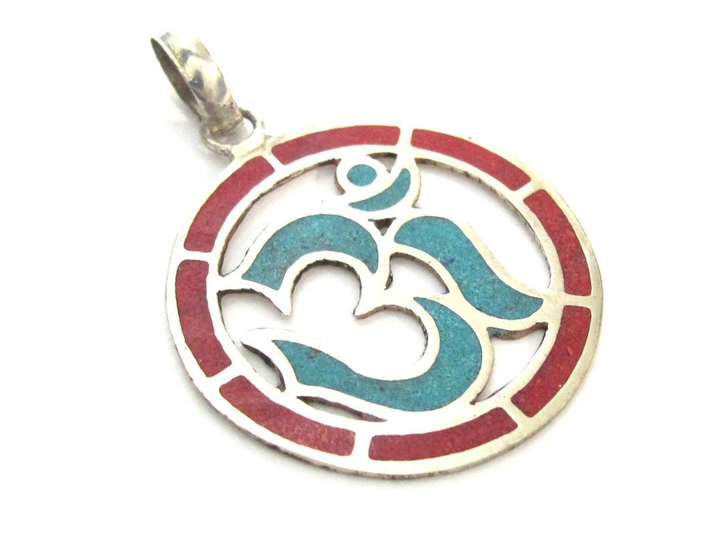 1 pendant - Sanskrit Om Round shape Nepal pendant with turquoise coral inlay - yoga charms PM540D