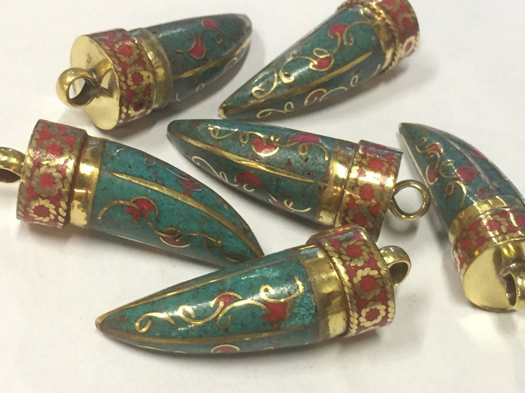 1 pendant - Tibetan brass tribal pendant floral design with turquoise inlay - PM405M