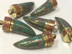 1 pendant - Tibetan brass tribal pendant floral design with turquoise inlay - PM405M