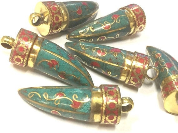 1 pendant - Tibetan brass tribal pendant floral design with turquoise inlay - PM405M