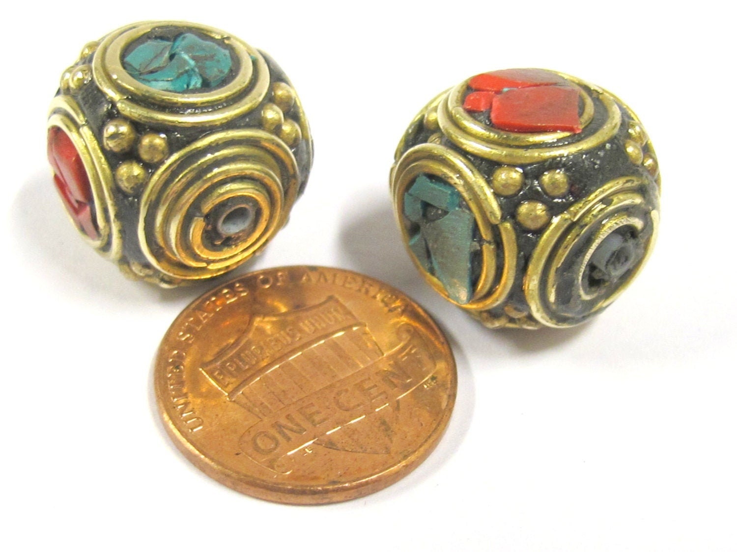 2 beads - Large 15 -16 mm ethnic Tibetan nepal brass beads with turquoise inlay - BD801s