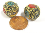 2 beads - Large 15 -16 mm ethnic Tibetan nepal brass beads with turquoise inlay - BD801s