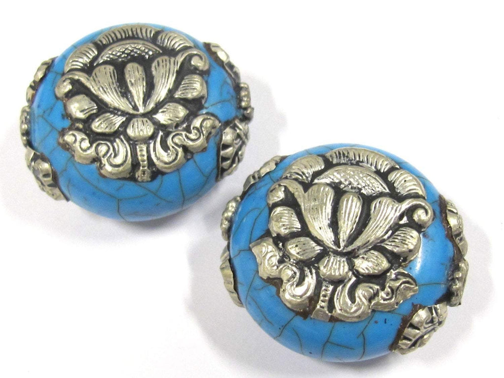 1 Bead - Beautiful large reversible blue crackle resin Tibetan silver Lotus flower bead - BD790