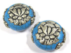 1 Bead - Beautiful large reversible blue crackle resin Tibetan silver Lotus flower bead - BD790