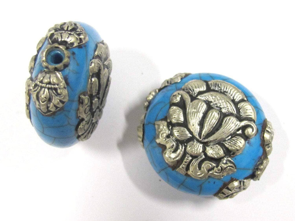 1 Bead - Beautiful large reversible blue crackle resin Tibetan silver Lotus flower bead - BD790