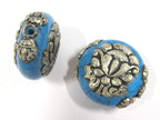 1 Bead - Beautiful large reversible blue crackle resin Tibetan silver Lotus flower bead - BD790