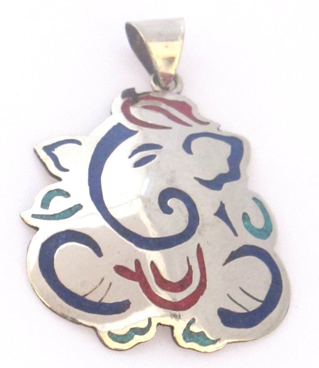 Tibetan silver Ganesha pendant from Nepal with turquoise lapis inlay - PM171