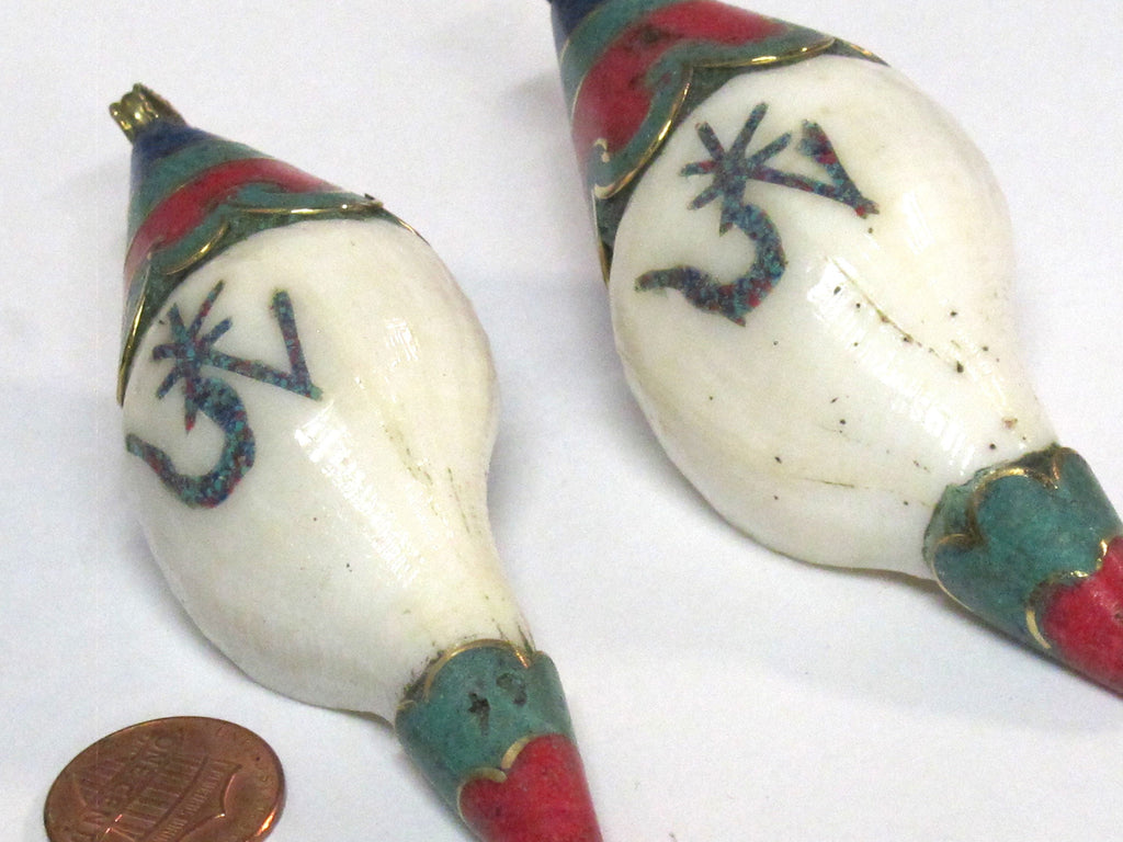 1 pendant - unique Large heavy Bold size ethnic Tibetan Nepal conch shell brass capped OM pendant with turquoise inlay - PM248K