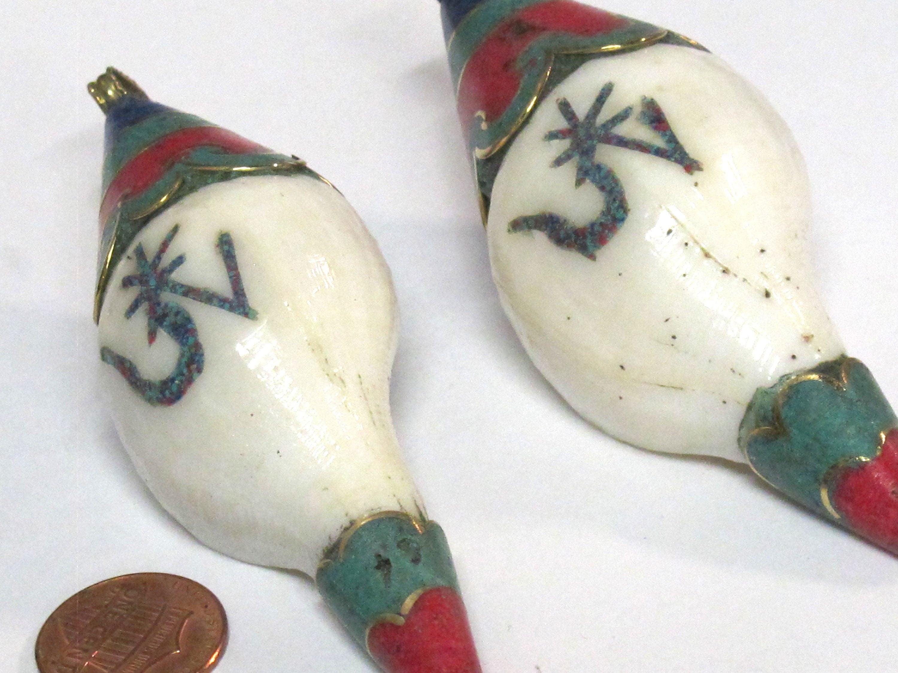 1 pendant - unique Large heavy Bold size ethnic Tibetan Nepal conch shell brass capped OM pendant with turquoise inlay - PM248K