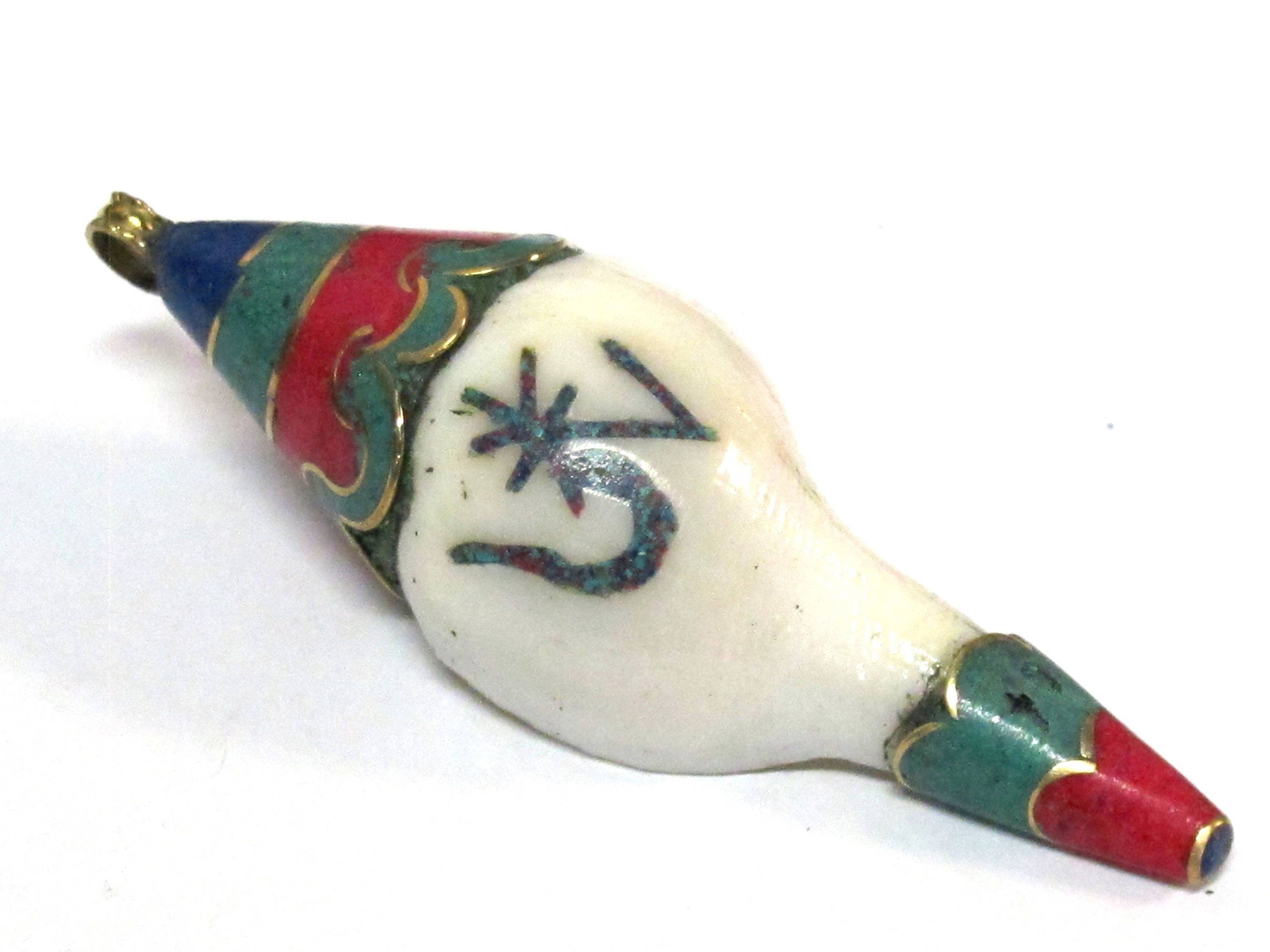 1 pendant - unique Large heavy Bold size ethnic Tibetan Nepal conch shell brass capped OM pendant with turquoise inlay - PM248K