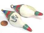 1 pendant - unique Large heavy Bold size ethnic Tibetan Nepal conch shell brass capped OM pendant with turquoise inlay - PM248K