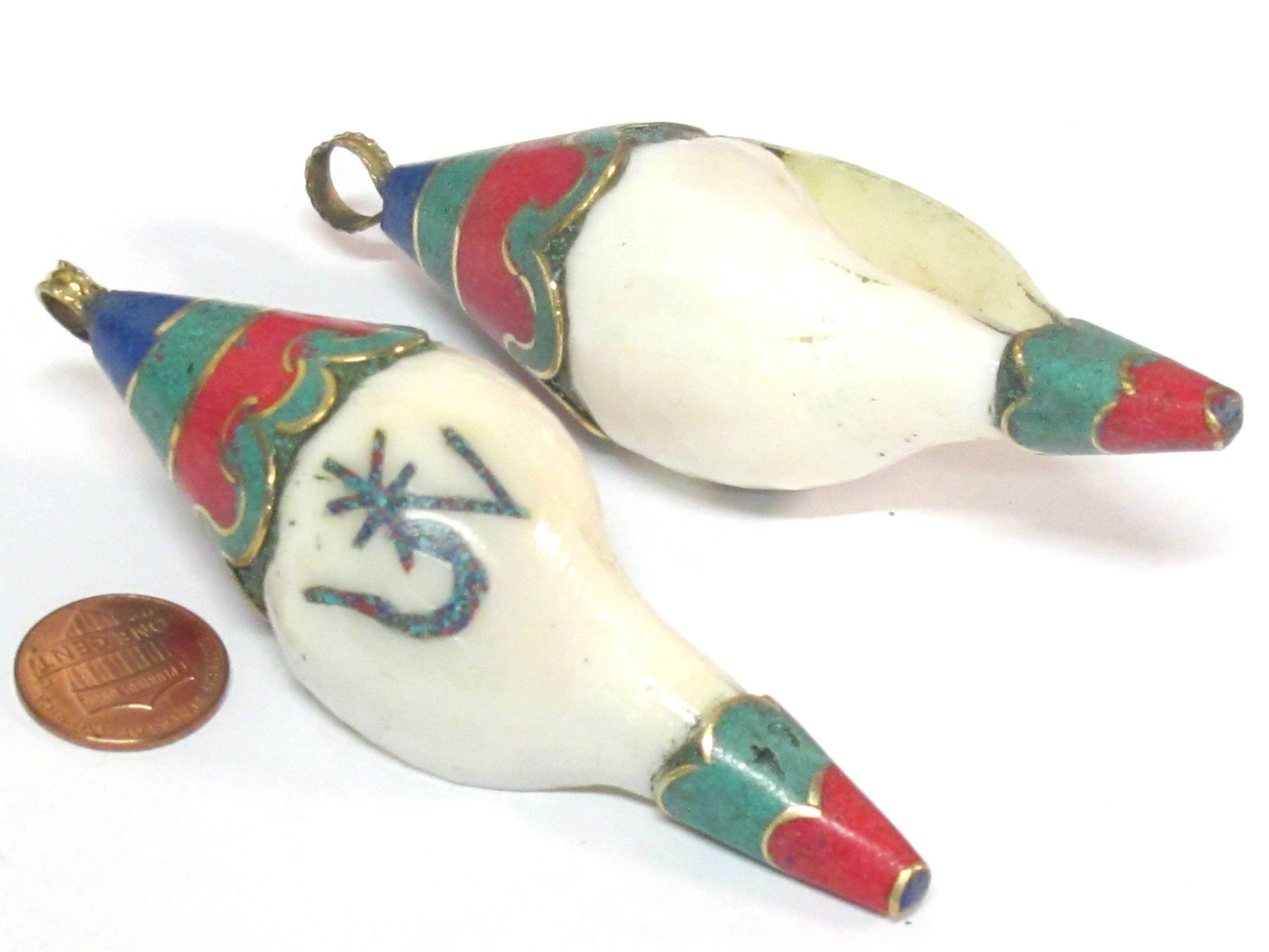 1 pendant - unique Large heavy Bold size ethnic Tibetan Nepal conch shell brass capped OM pendant with turquoise inlay - PM248K