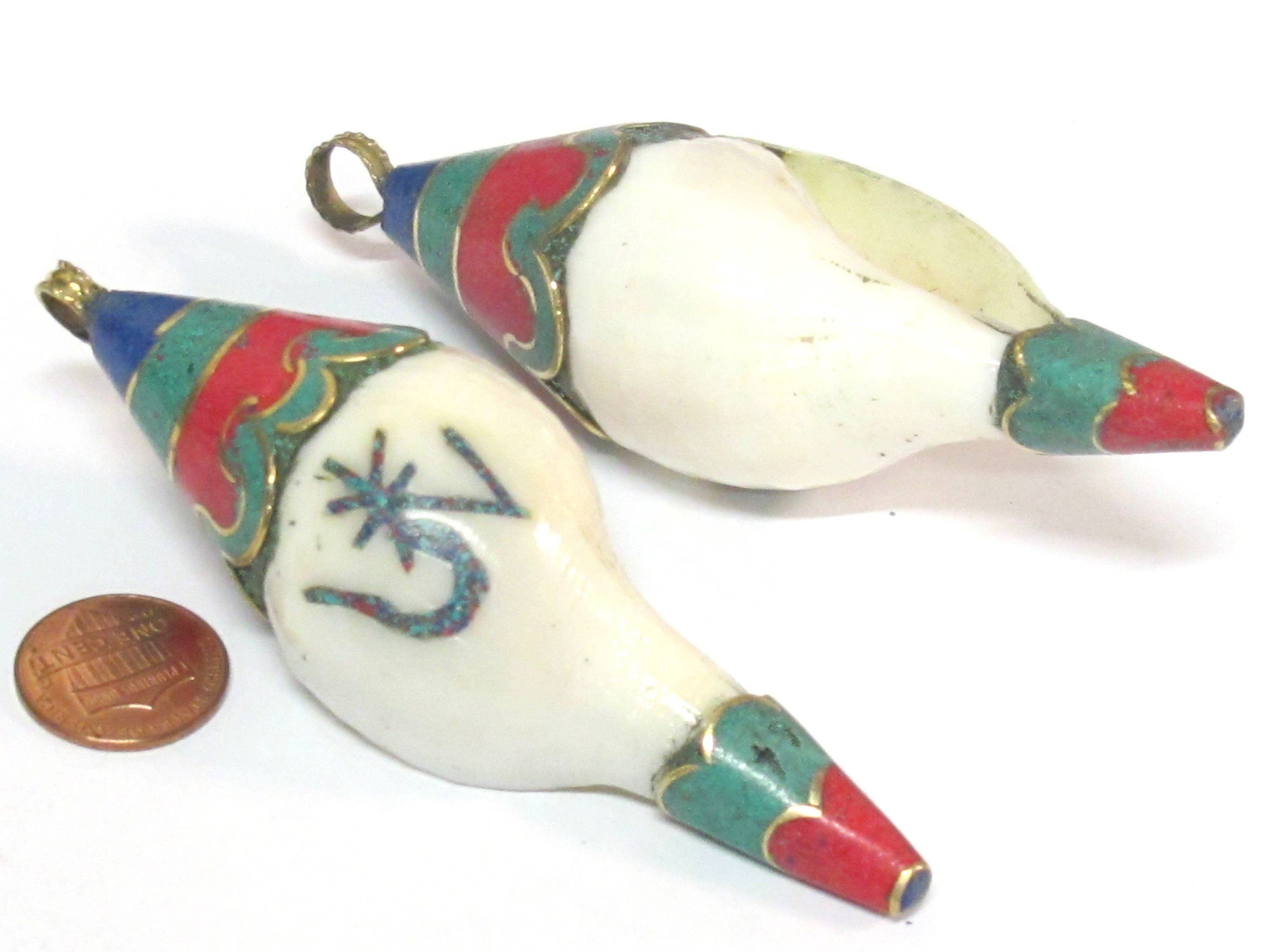 1 pendant - unique Large heavy Bold size ethnic Tibetan Nepal conch shell brass capped OM pendant with turquoise inlay - PM248K