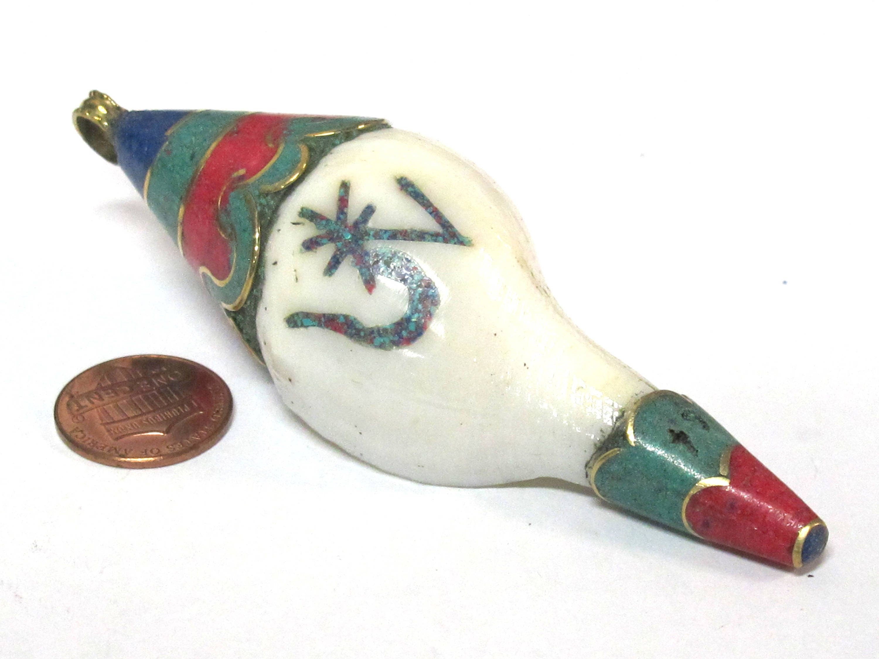 1 pendant - unique Large heavy Bold size ethnic Tibetan Nepal conch shell brass capped OM pendant with turquoise inlay - PM248K