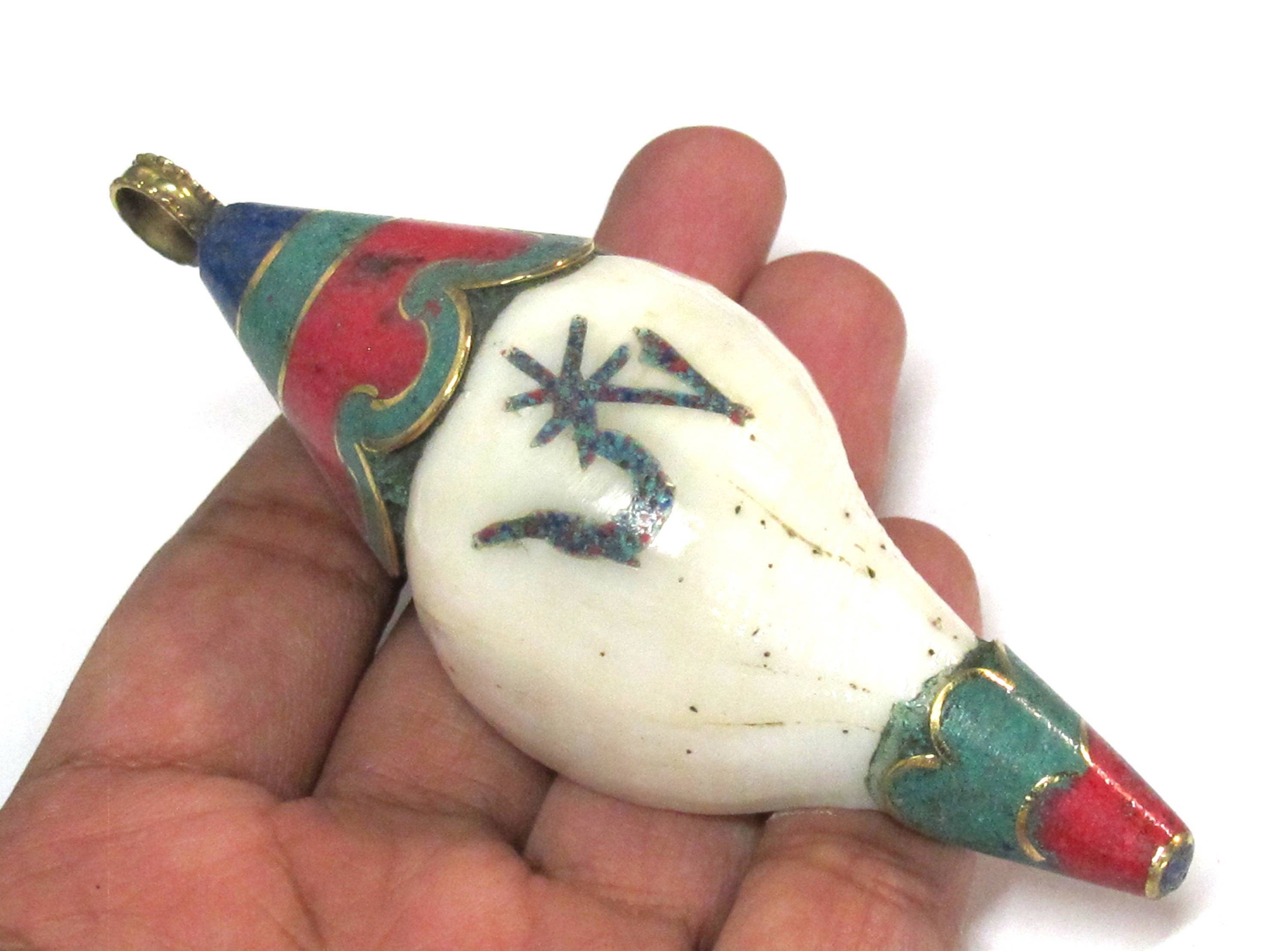 1 pendant - unique Large heavy Bold size ethnic Tibetan Nepal conch shell brass capped OM pendant with turquoise inlay - PM248K