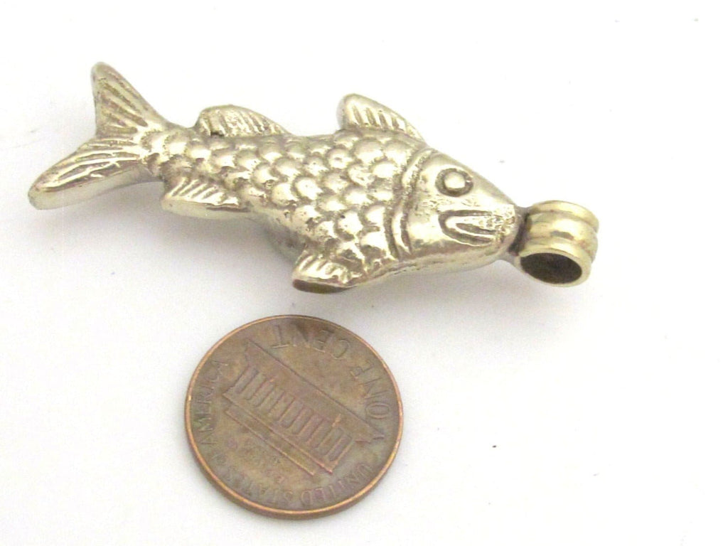 1 Pendant - Tibetan antiqued silver color finish fish design repousse pendant with red inlay - PM342B