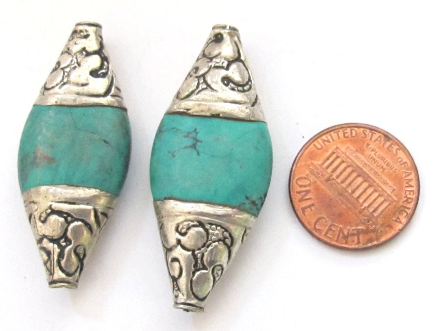 1 BEAD - Beautiful large bicone shape capped Tibetan turquoise gemstone beads from Nepal- BD521