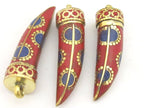 1 Pendant - Long Tibetan horn tusk shape Brass pendant with coral lapis inlay dotted sun design from Nepal - PM290G