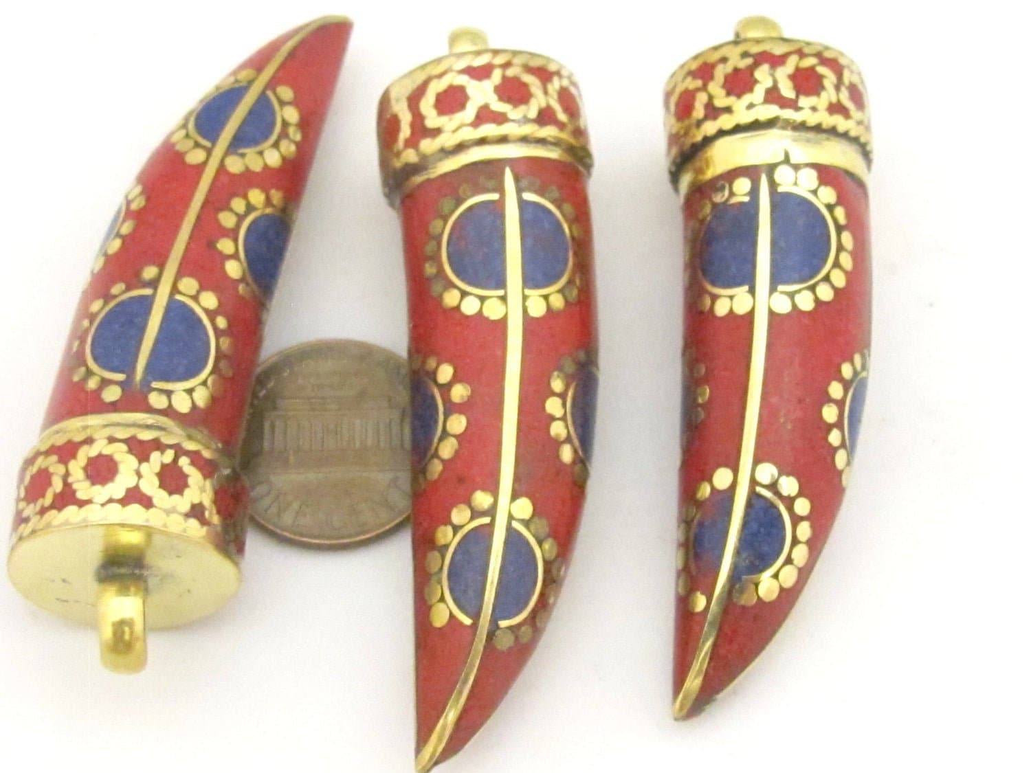 1 Pendant - Long Tibetan horn tusk shape Brass pendant with coral lapis inlay dotted sun design from Nepal - PM290G