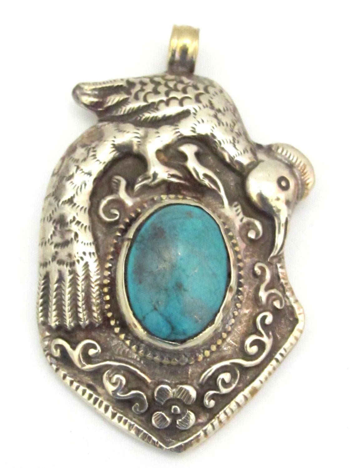 Tibetan silver repousse bird pendant inlaid with turquoise inlay- ethnic nepal pendant - PM271Bx