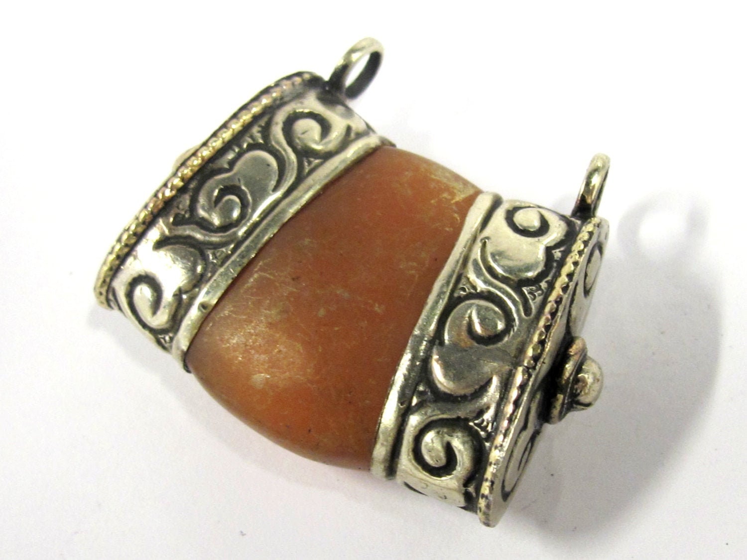 1 Pendant - Ethnic Tibetan silver double bail carnelian gemstone pendant - PM390