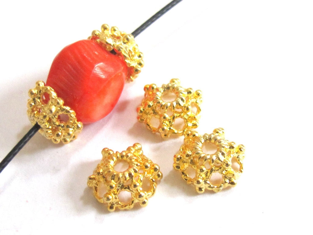 2 Beads -Gold color plated ethnic Tibetan design bead caps 10mm - BD562B