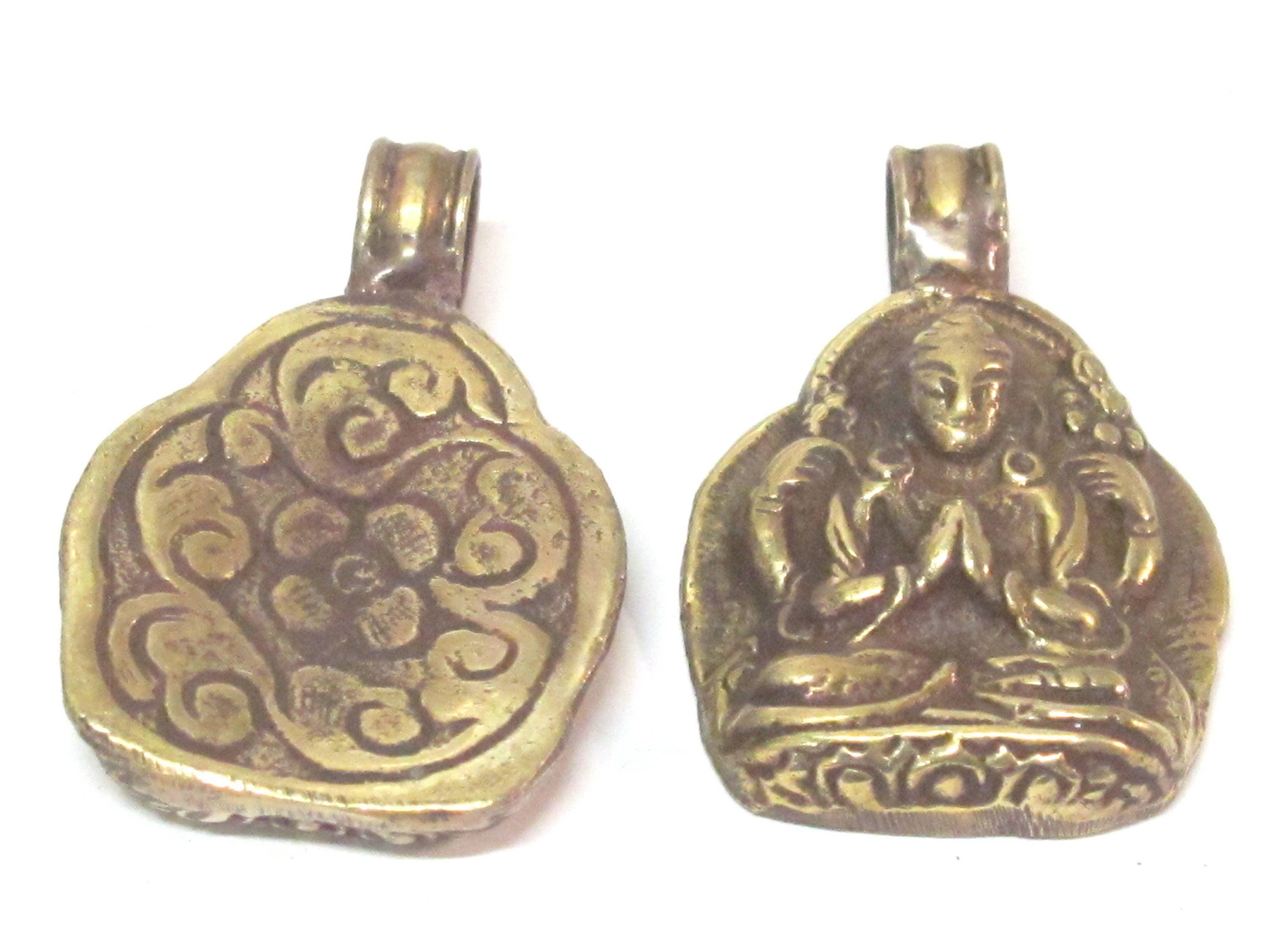 Tibetan solid Brass Chenrezig Buddha Avalokiteshvara pendant with reverse floral carving from Nepal - PM464B