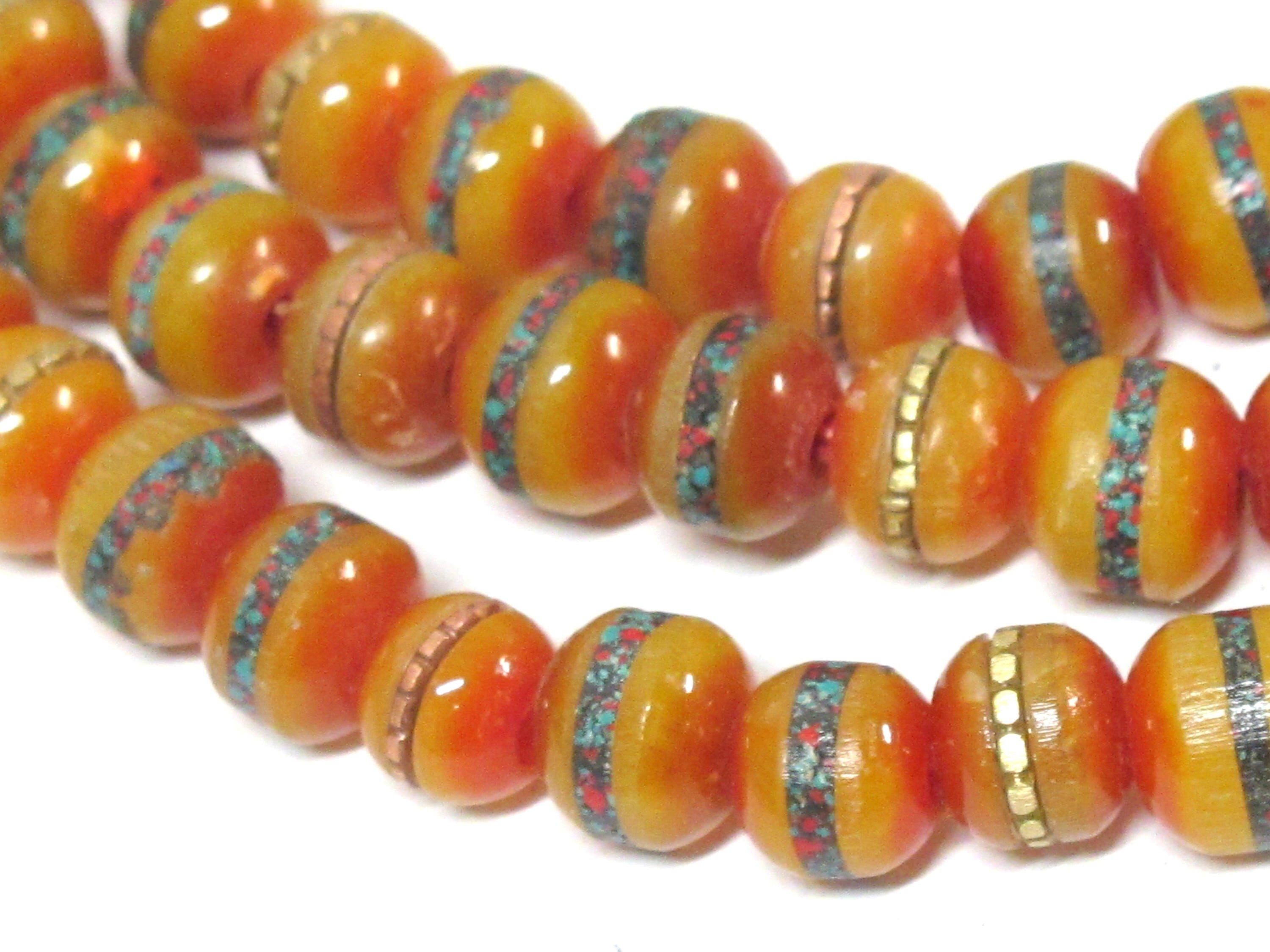 25 loose beads - 8 mm Tibetan honey yellow resin beads with brass ,turquoise inlay - ML109B