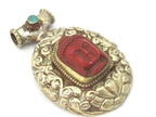 1 Pendant - Large Tibetan antiqued silvercolor j red Buddha pendant with Lotus flower carving - PM336D
