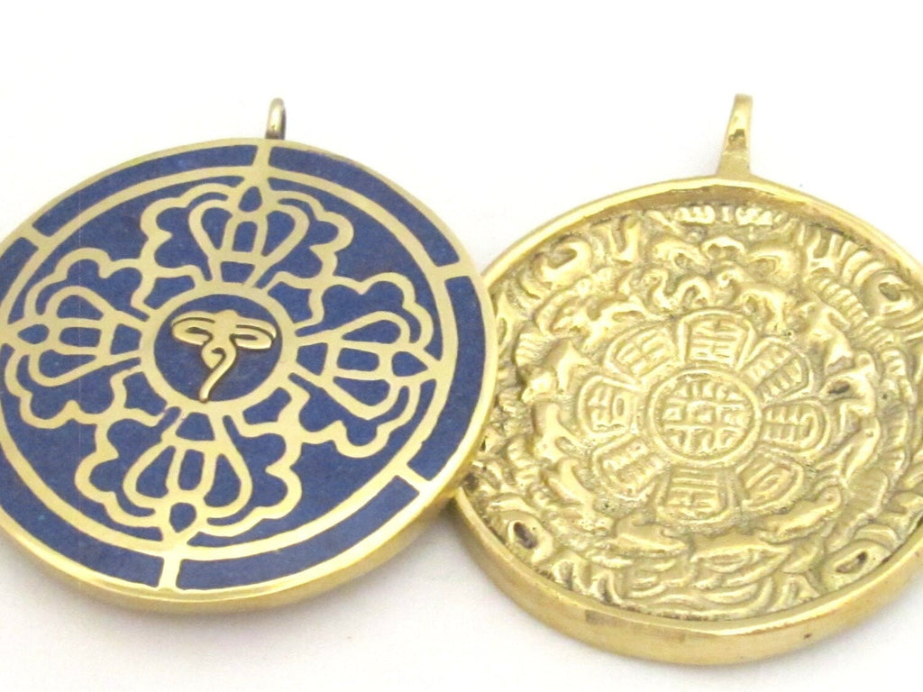 1 Pendant - Reversible solid brass Tibetan calendar pendant with Buddha eye and double dorje design inlaid with lapis inlay-- PM312