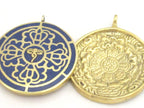 1 Pendant - Reversible solid brass Tibetan calendar pendant with Buddha eye and double dorje design inlaid with lapis inlay-- PM312