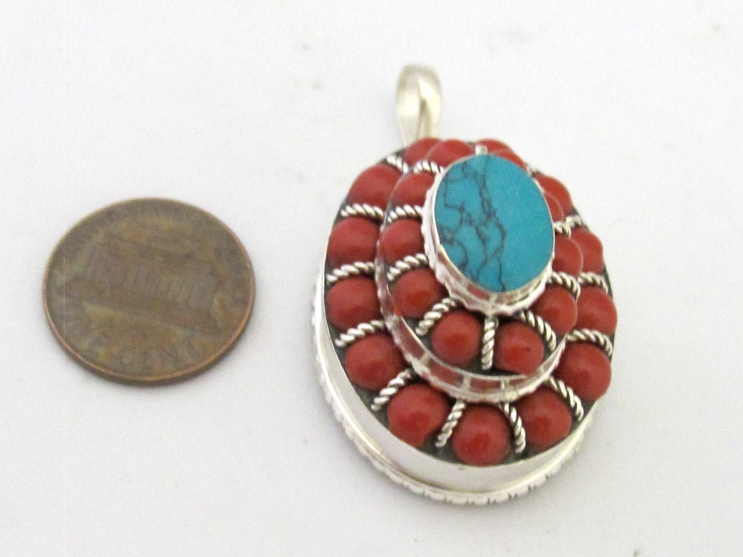 Tibetan oval shape tiered design box pendant with turquoise and red beads inlay - PM294B