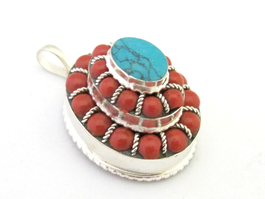 Tibetan oval shape tiered design box pendant with turquoise and red beads inlay - PM294B