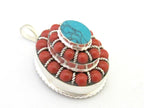 Tibetan oval shape tiered design box pendant with turquoise and red beads inlay - PM294B