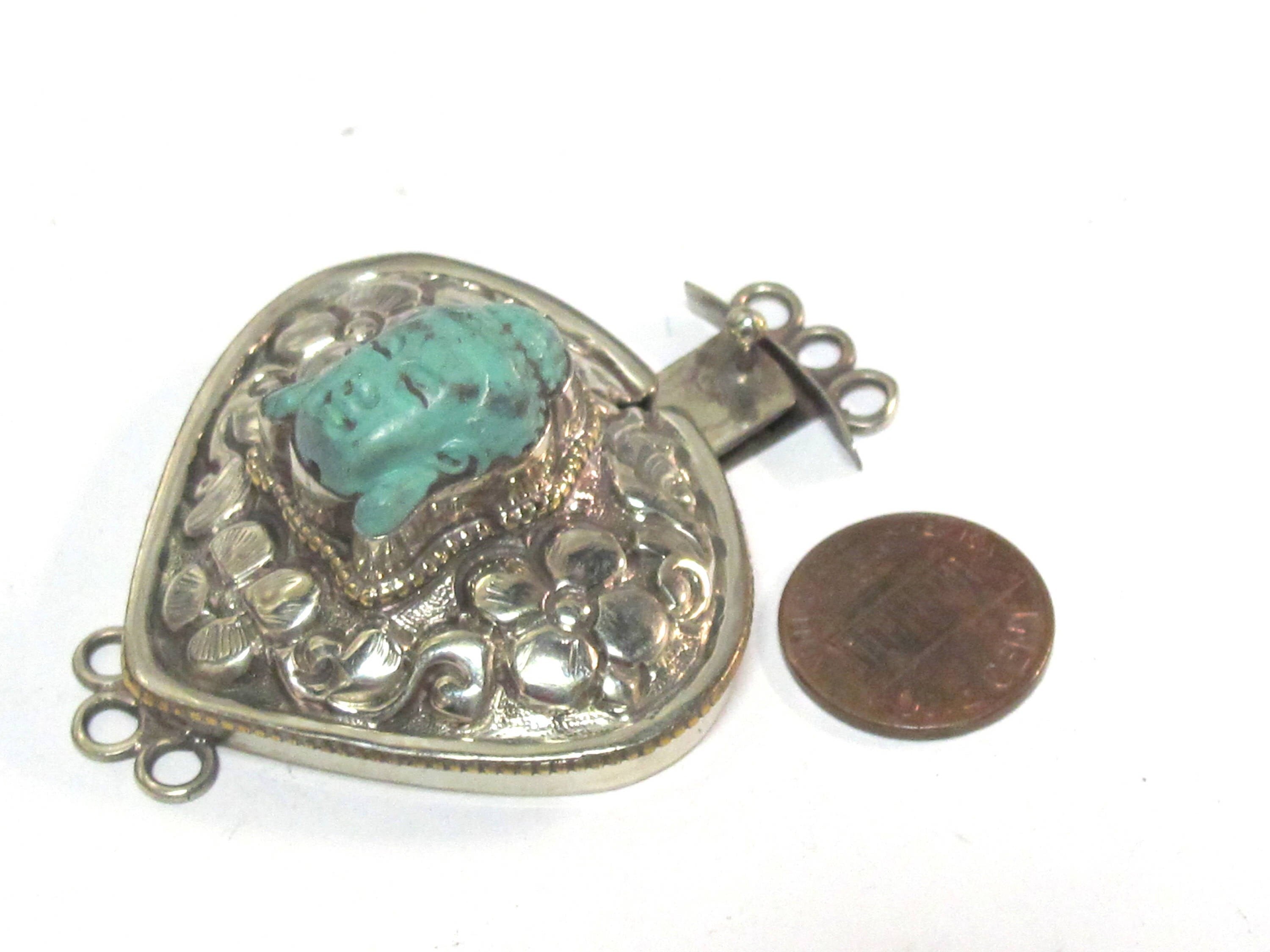 1 clasp - Large triangular heart shape ethnic Tibetan silver finish blue buddha box clasp pendant from Nepal - LN039D