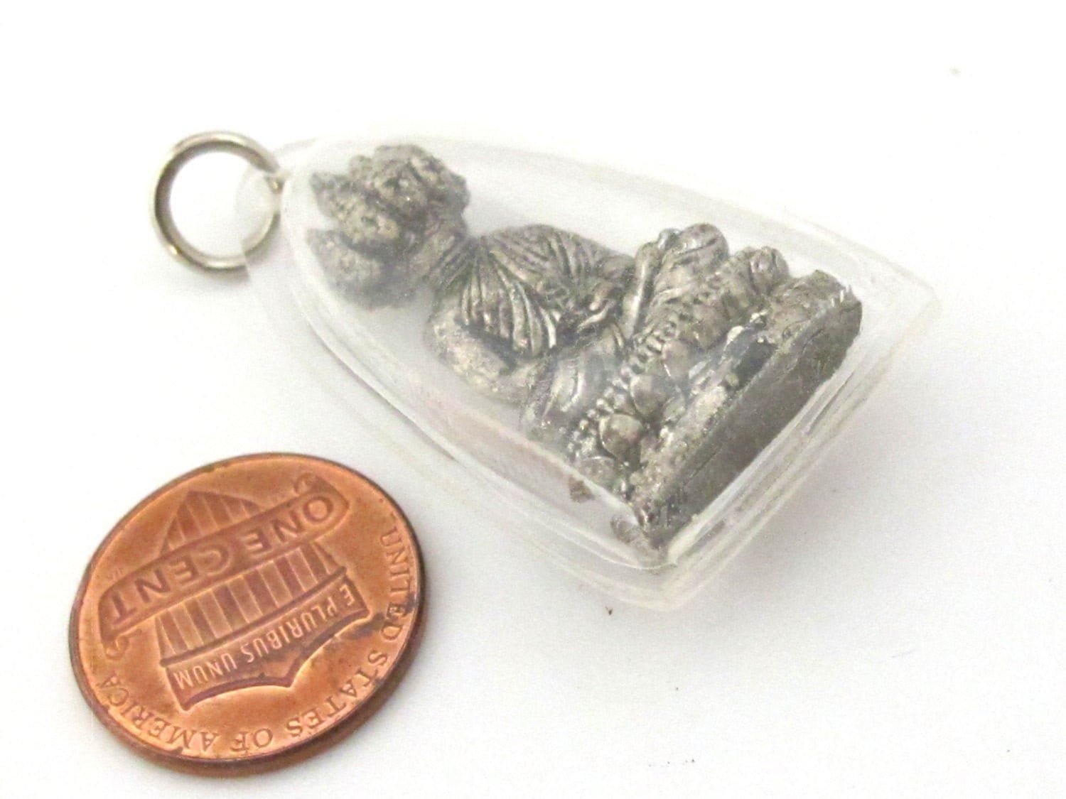 Tibetan Buddha Meditation Pendant, clear resin encased silver tone Nepal Charm, Buddhist Mala Making Bead, Bag Charm Keyring charm PM516