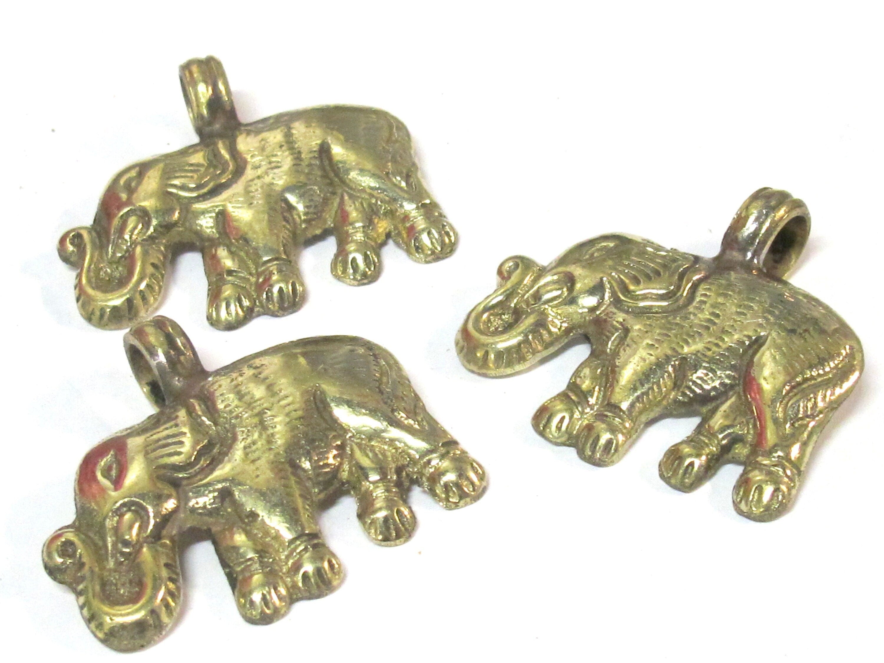 1 Pendant - Tibetan solid brass elephant pendant antiqued finish with reverse floral animal carving - CP035E