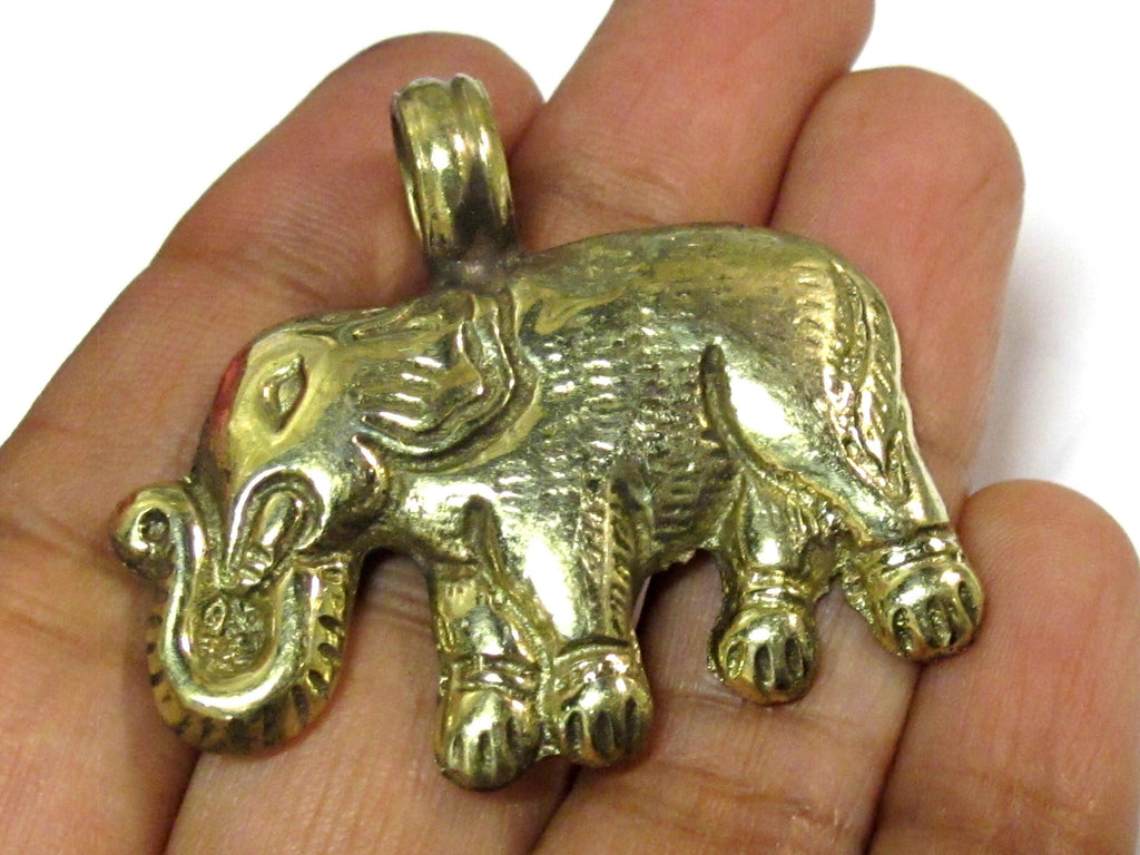 1 Pendant - Tibetan solid brass elephant pendant antiqued finish with reverse floral animal carving - CP035E