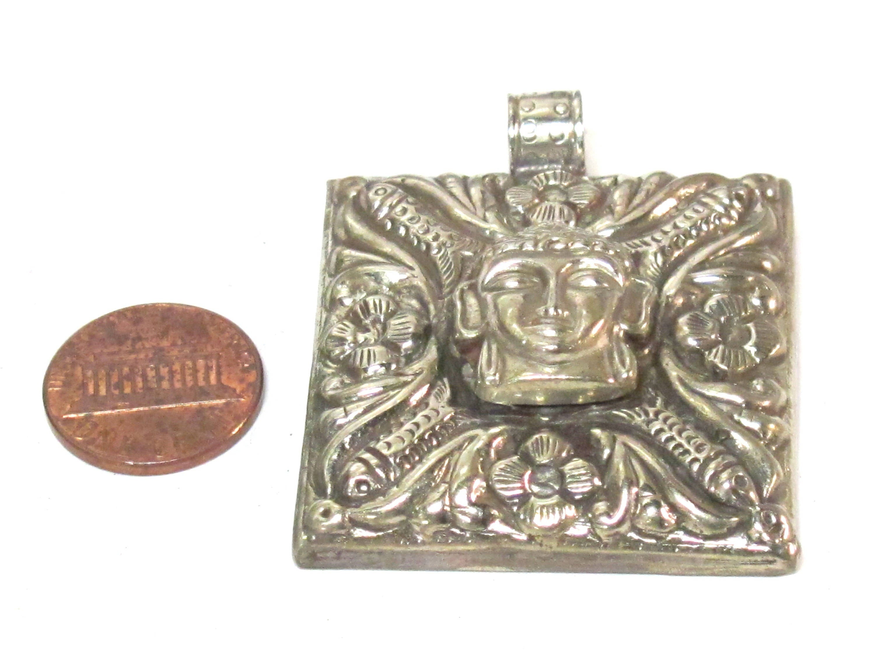 1 pendant - Tibetan silver square shape Buddha pendant detailed carving with deer animal design on other side - PM588B
